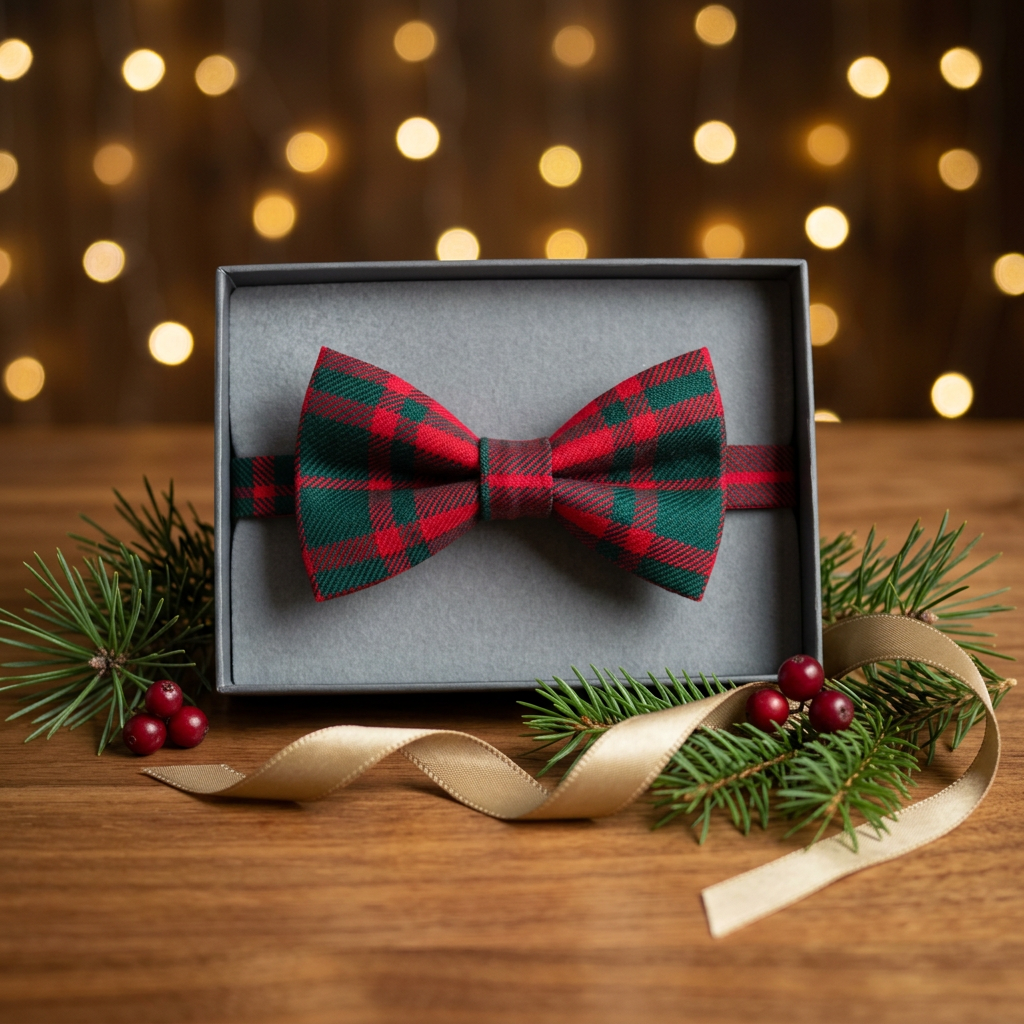 Festive tartan bow tie with evergreen sprigs, gold accents and warm Christmas lighting
