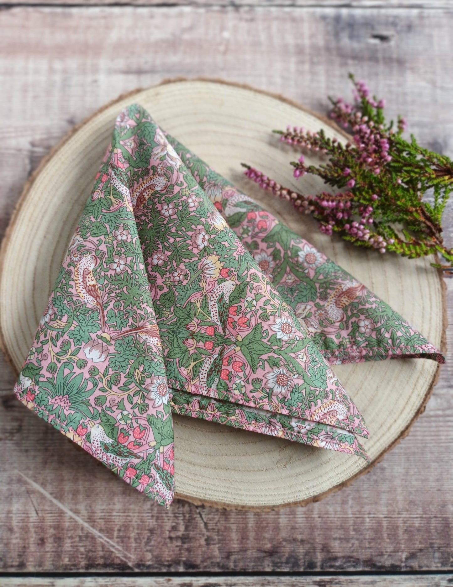 Liberty Green and Pink Strawberry Thief Pocket Square