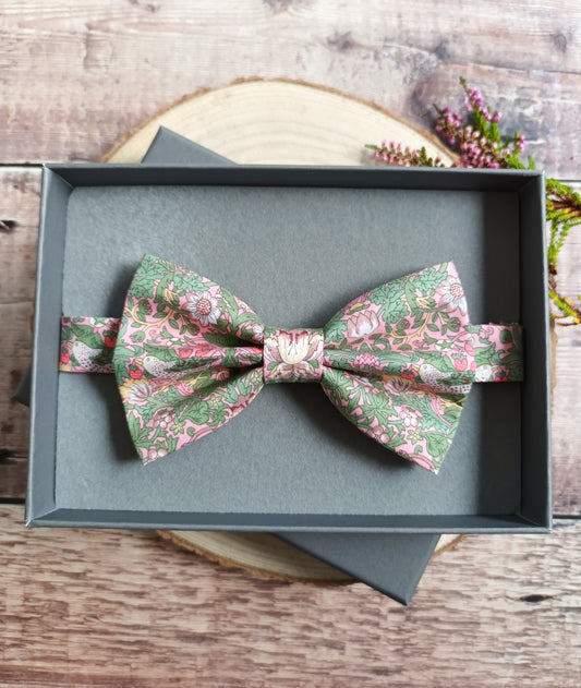 Liberty Green and Pink Strawberry Thief Bowtie