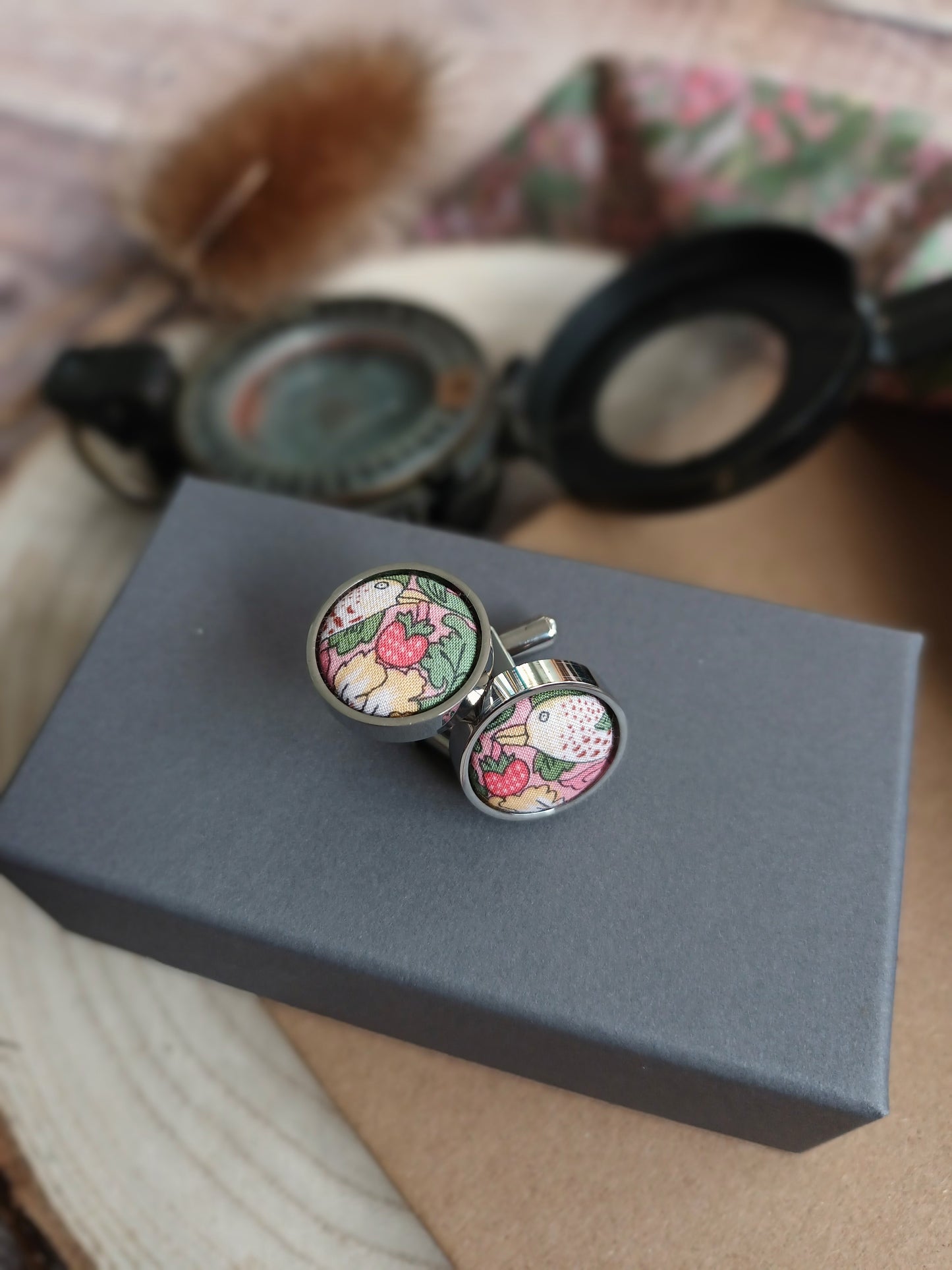 Liberty Green and Pink Strawberry Thief Cufflinks